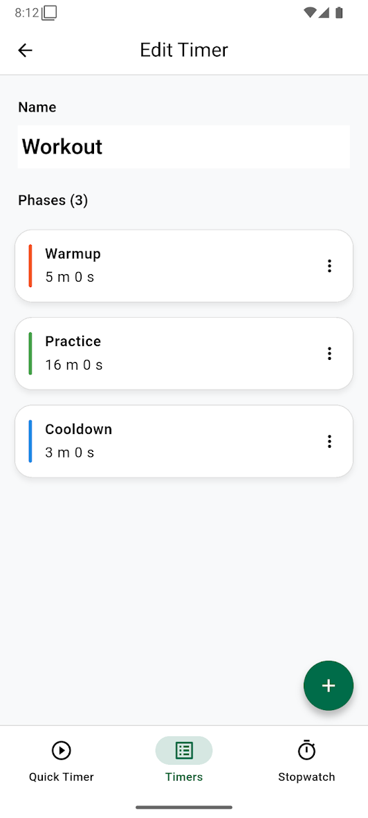 A workout timer split into warmup, practice, and cooldown phases