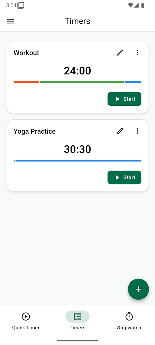 Saved timer presets for workouts and yoga practice